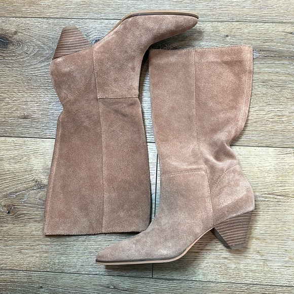 NWOB Lucky Brand Fukko Light Brown Suede Mid Calf Boots 38.5/8M - Picture 3 of 7
